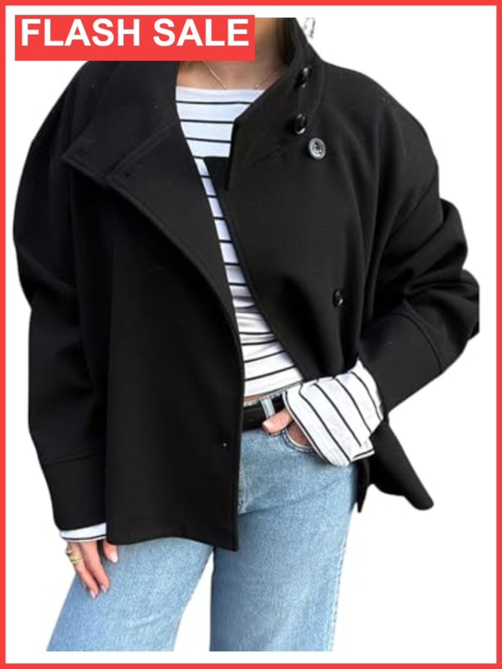 Wool Blend Crop Trench Coat Button Down Loose Fit Long Sleeve Winter Work